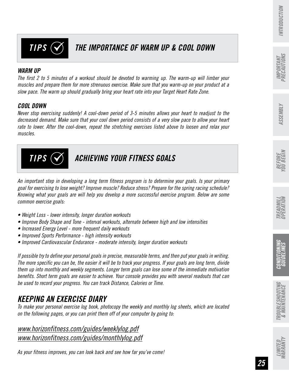 Tips, Keeping an exercise diary | Horizon Fitness RCT7.6 User Manual | Page 25 / 32