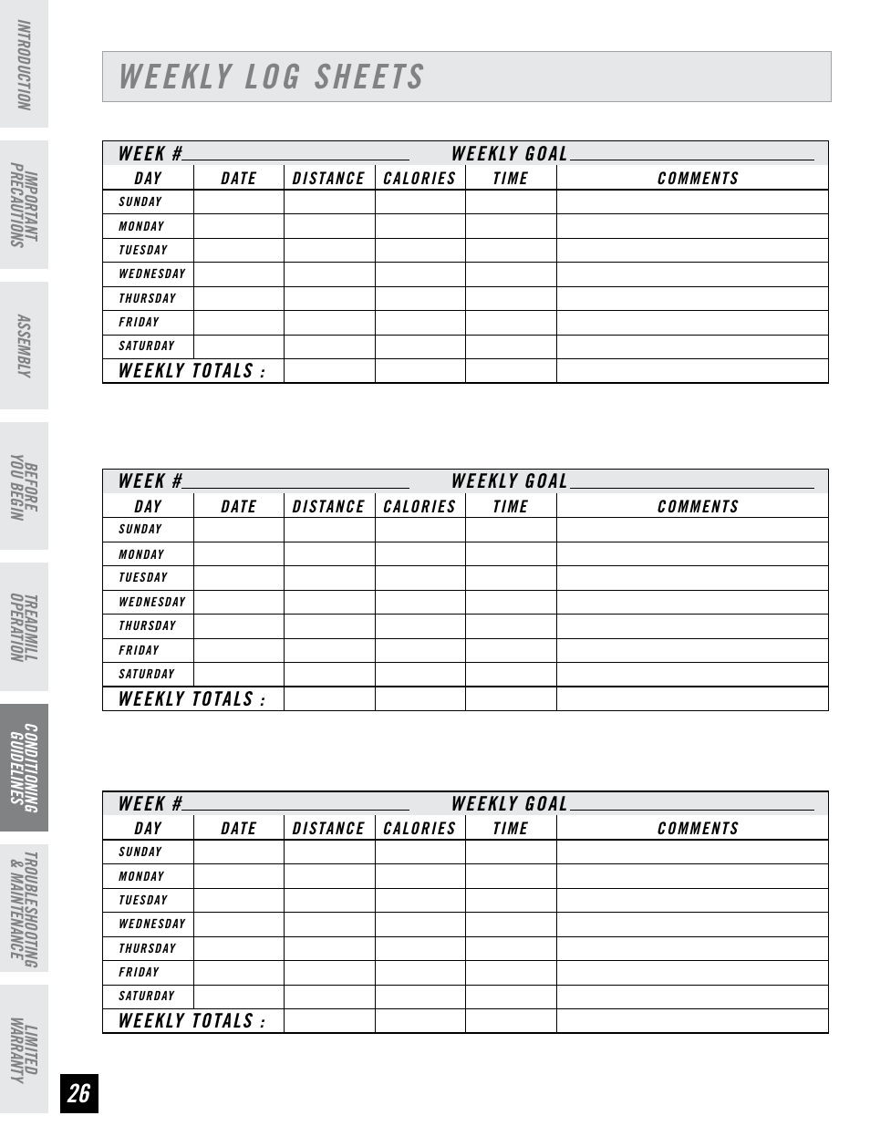 Weekly log sheets | Horizon Fitness RCT7.6 User Manual | Page 26 / 32