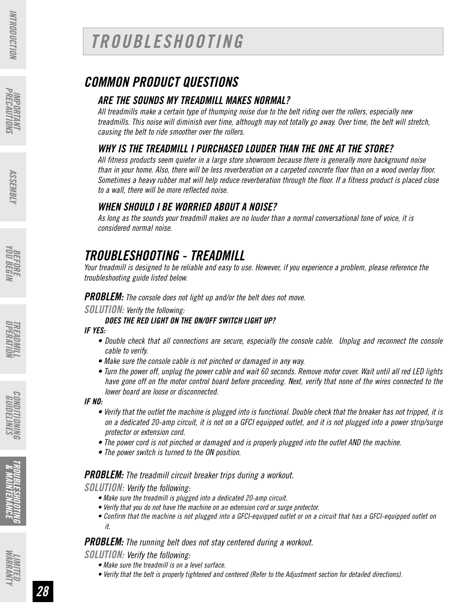 Troubleshooting, Common product questions, Troubleshooting - treadmill | Horizon Fitness RCT7.6 User Manual | Page 28 / 32