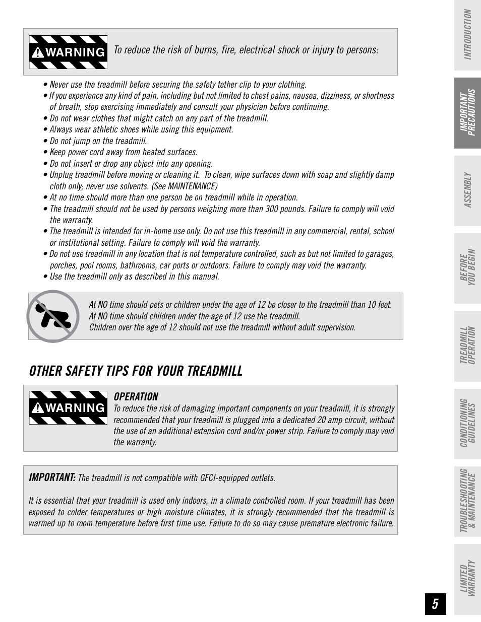 Other safety tips for your treadmill, Warning | Horizon Fitness RCT7.6 User Manual | Page 5 / 32