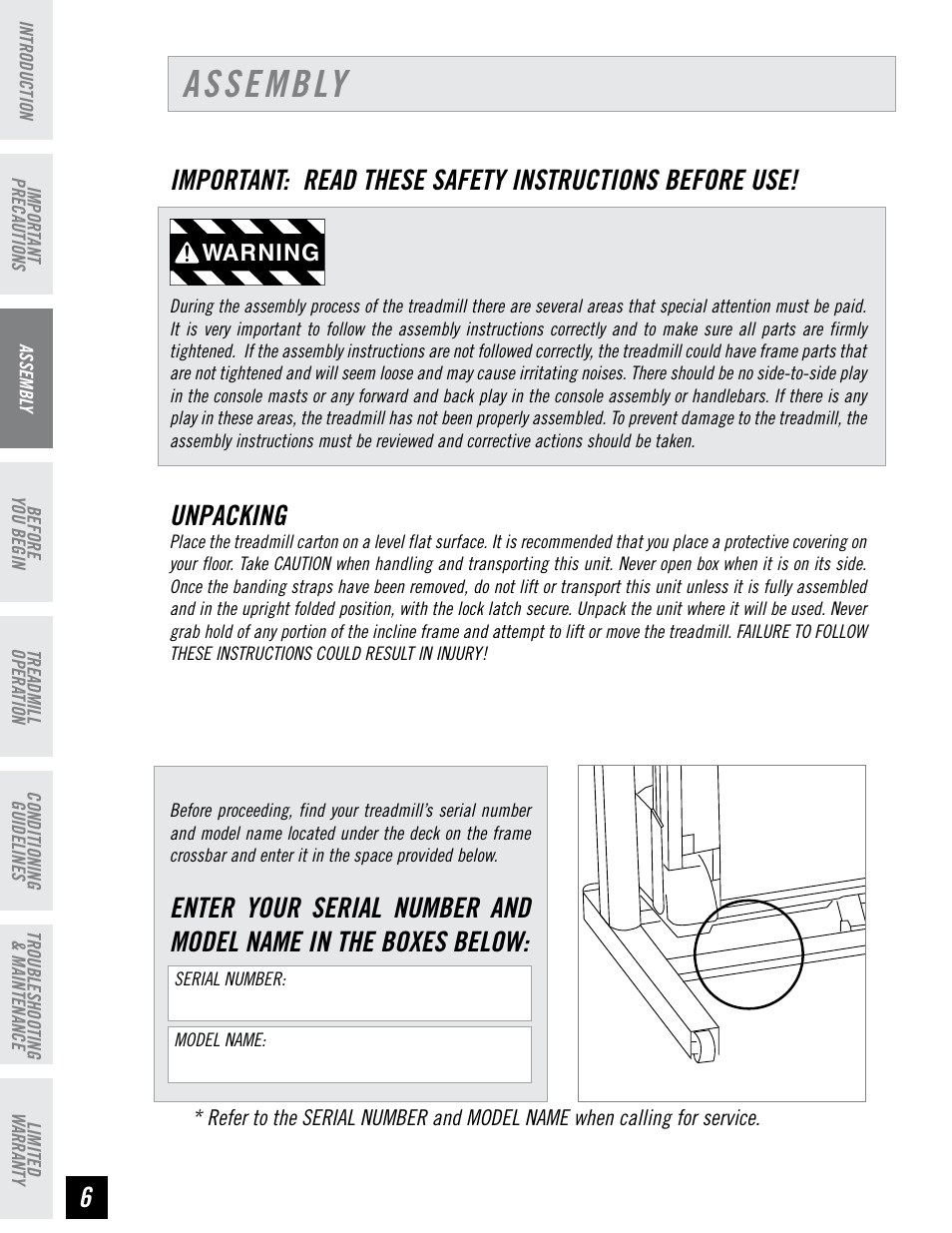 Assembly, Unpacking | Horizon Fitness RCT7.6 User Manual | Page 6 / 32