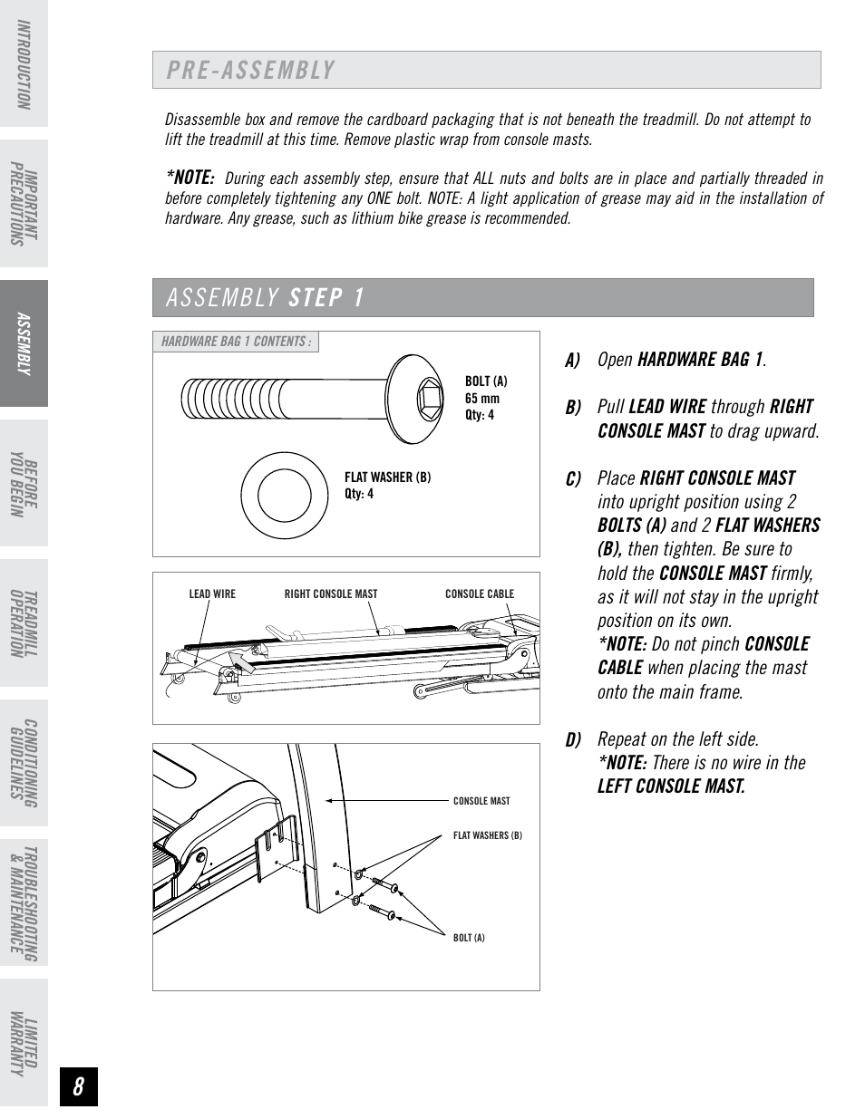 Pre-assembly assembly step 1 | Horizon Fitness RCT7.6 User Manual | Page 8 / 32