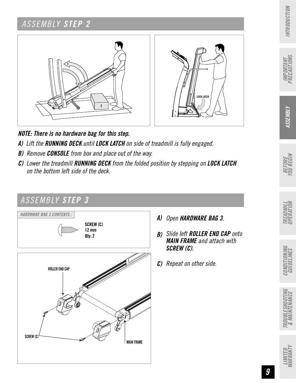 Assembly step, Assembly step 2, A) b) c) | Horizon Fitness RCT7.6 User Manual | Page 9 / 32