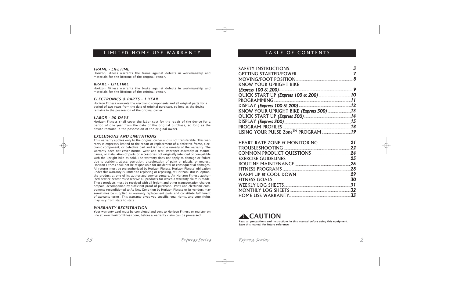 Caution | Horizon Fitness Express SERIES User Manual | Page 33 / 34