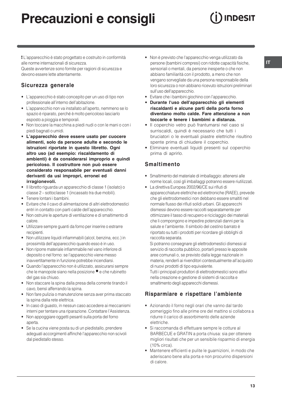 Precauzioni e consigli | Indesit K3G52S User Manual | Page 13 / 72