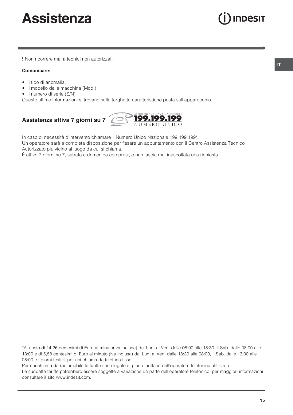 Assistenza | Indesit K3G52S User Manual | Page 15 / 72