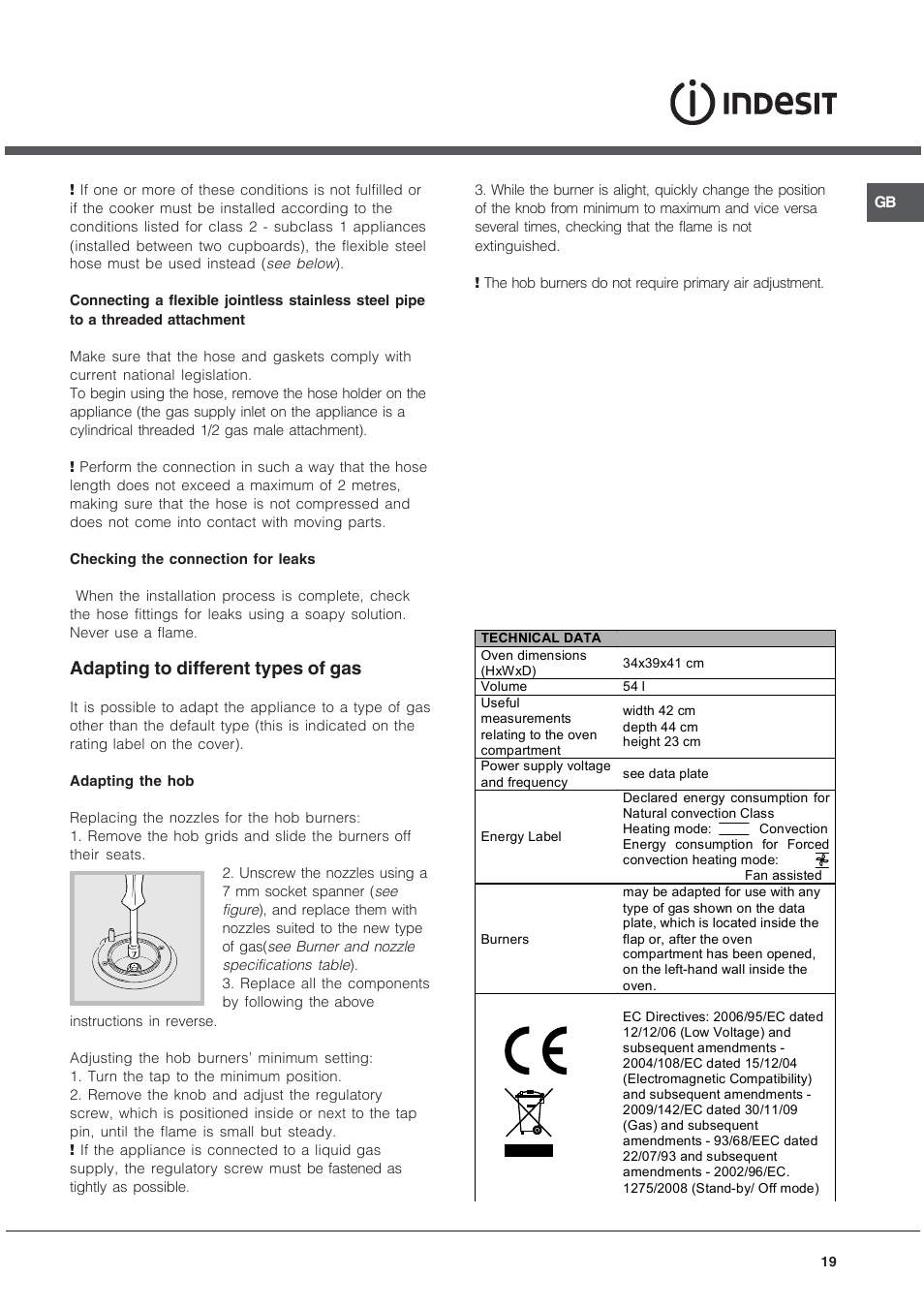Adapting to different types of gas | Indesit K3G52S User Manual | Page 19 / 72