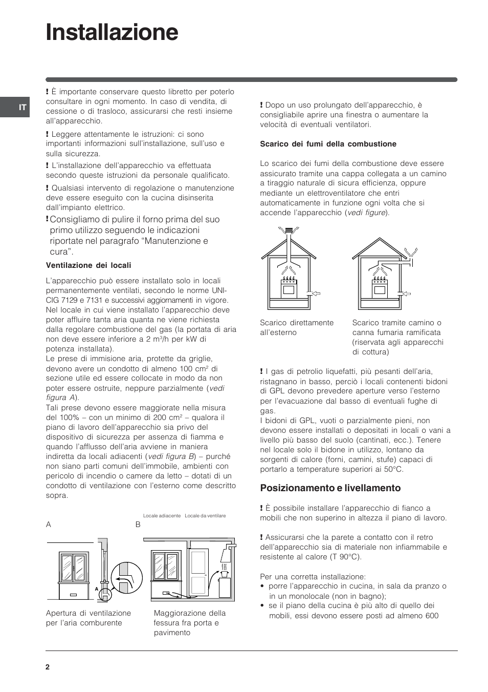 Installazione, Posizionamento e livellamento | Indesit K3G52S User Manual | Page 2 / 72