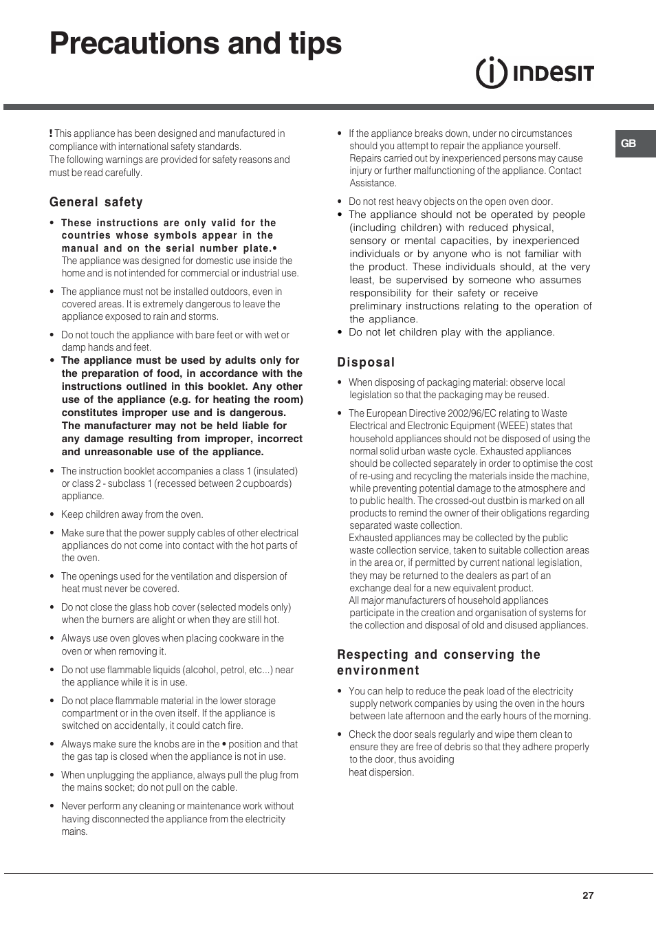 Precautions and tips | Indesit K3G52S User Manual | Page 27 / 72