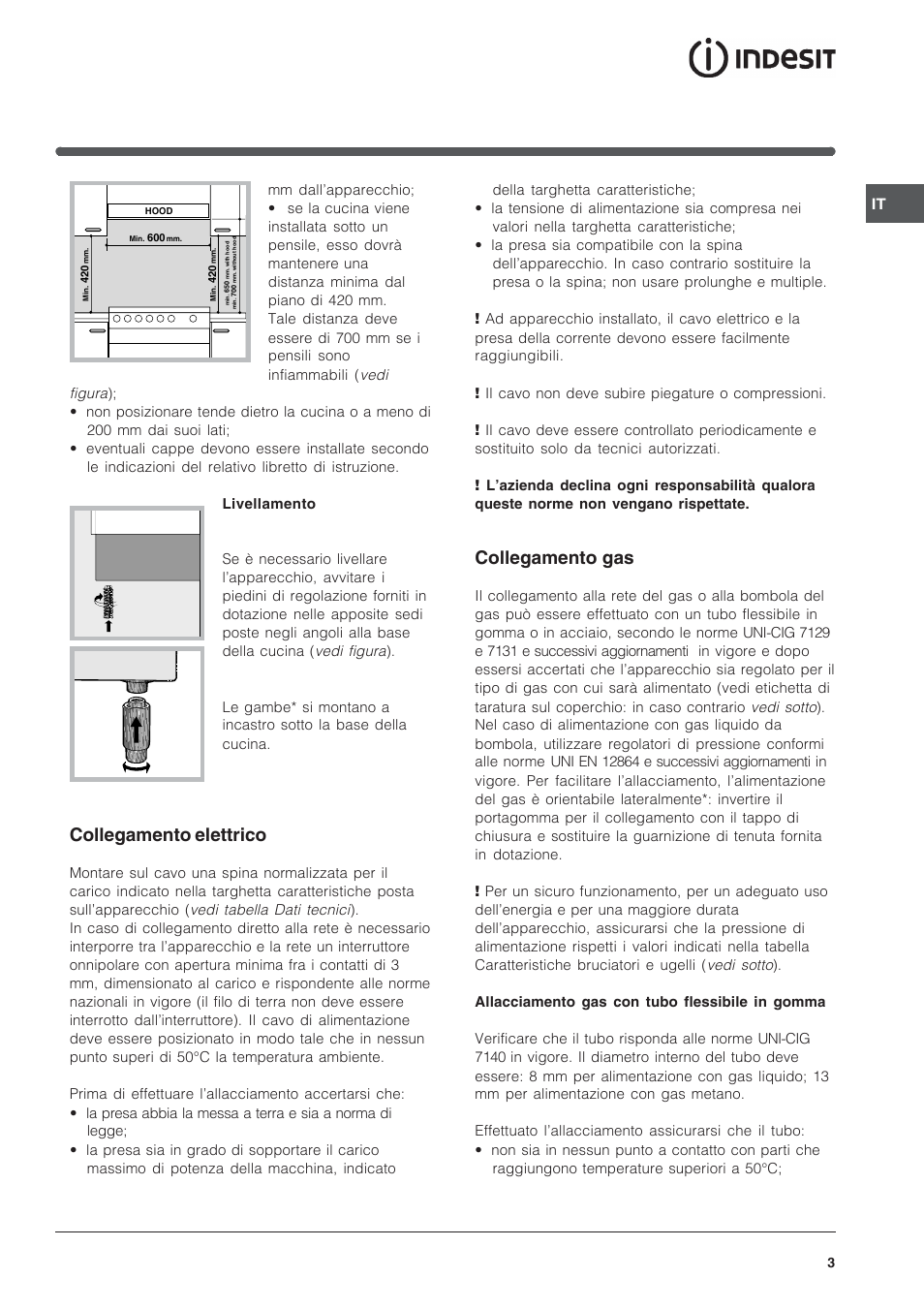 Collegamento elettrico, Collegamento gas | Indesit K3G52S User Manual | Page 3 / 72
