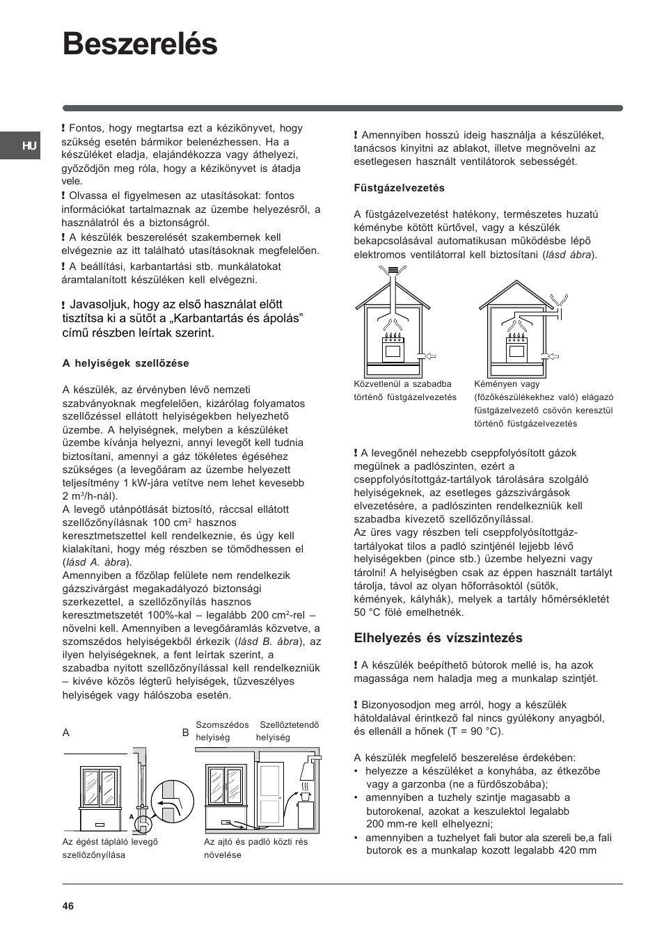 Beszerelés, Elhelyezés és vízszintezés | Indesit K3G52S User Manual | Page 46 / 72