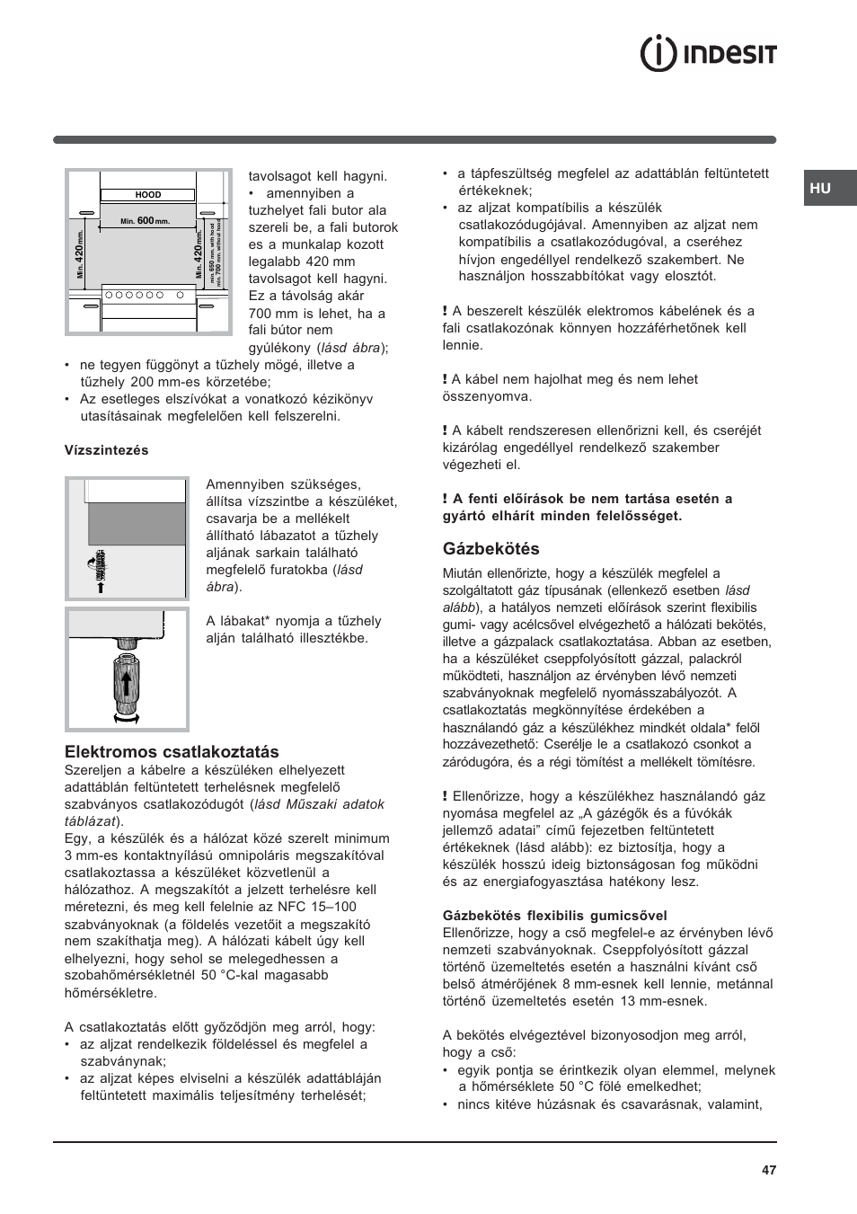 Elektromos csatlakoztatás, Gázbekötés | Indesit K3G52S User Manual | Page 47 / 72