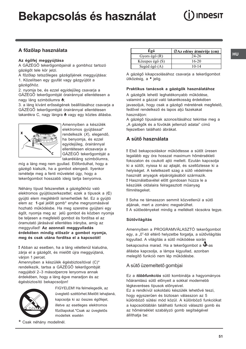 Bekapcsolás és használat | Indesit K3G52S User Manual | Page 51 / 72