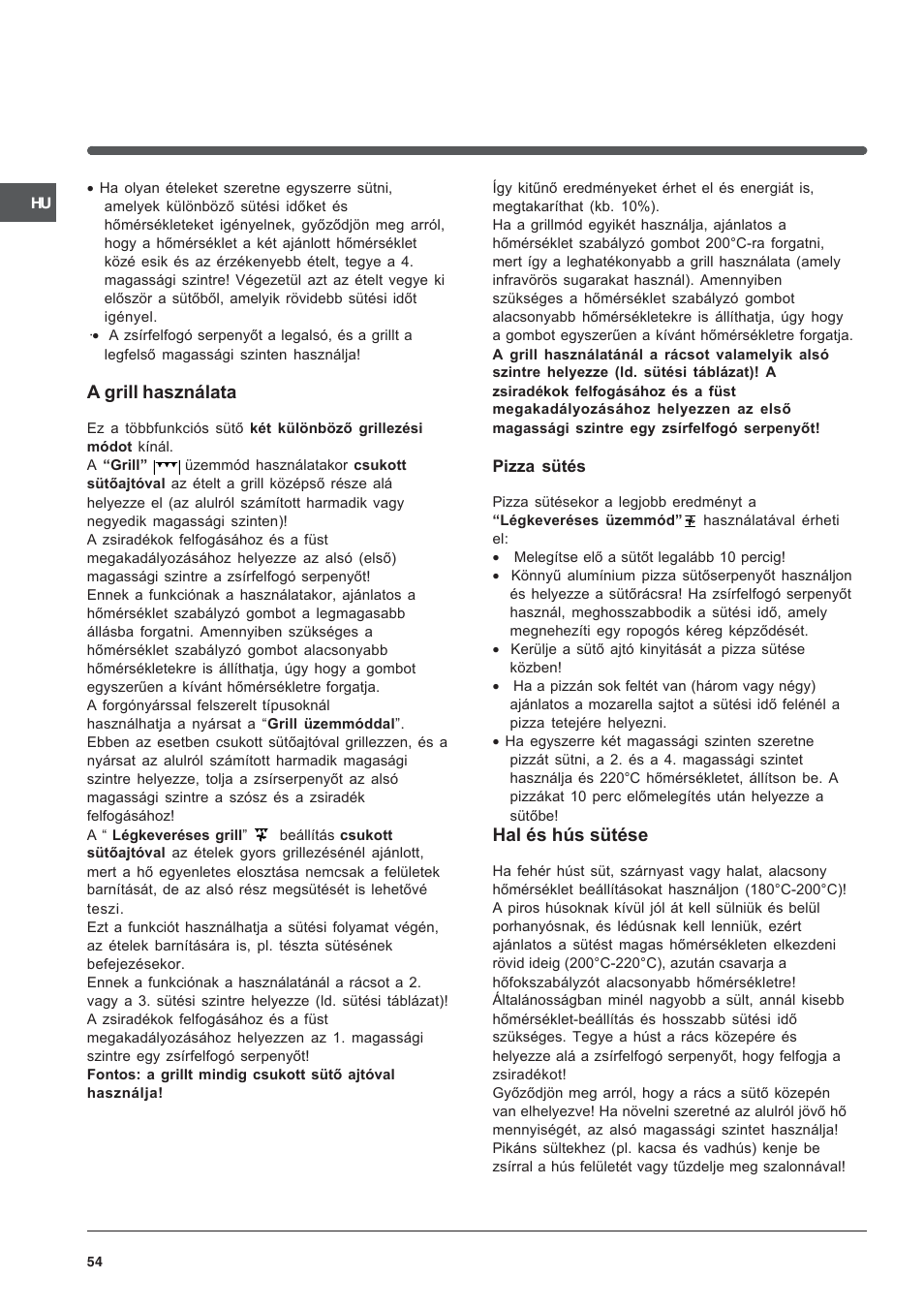 A grill használata, Hal és hús sütése | Indesit K3G52S User Manual | Page 54 / 72