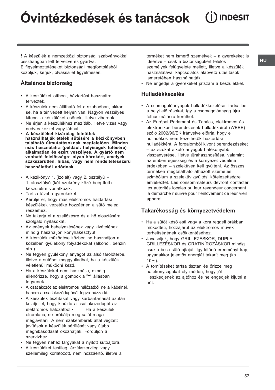Óvintézkedések és tanácsok | Indesit K3G52S User Manual | Page 57 / 72
