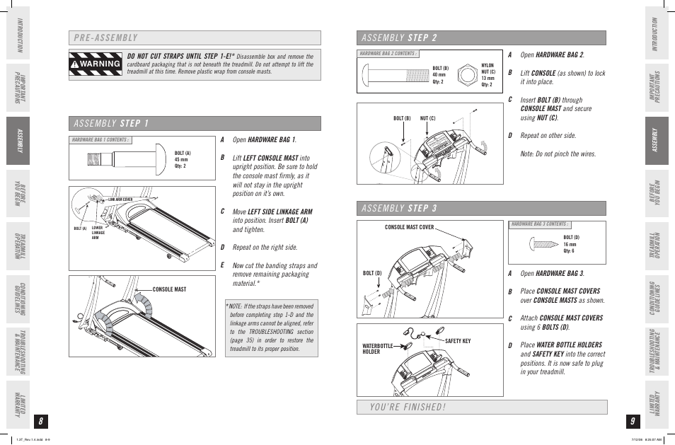 Pre-assembly, Assembly step 1, Assembly step 2 | Assembly step 3, You’re finished, Warning, Do not cut straps until step 1-e, Ab c d e | Horizon Fitness 1.3T User Manual | Page 5 / 15