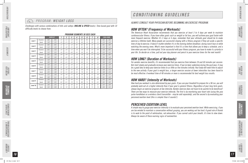 Conditioning guidelines, Program: weight loss, How often? (frequency of workouts) | How long? (duration of workouts), How hard? (intensity of workouts), Perceived exertion level | Horizon Fitness 1.3T User Manual | Page 9 / 15