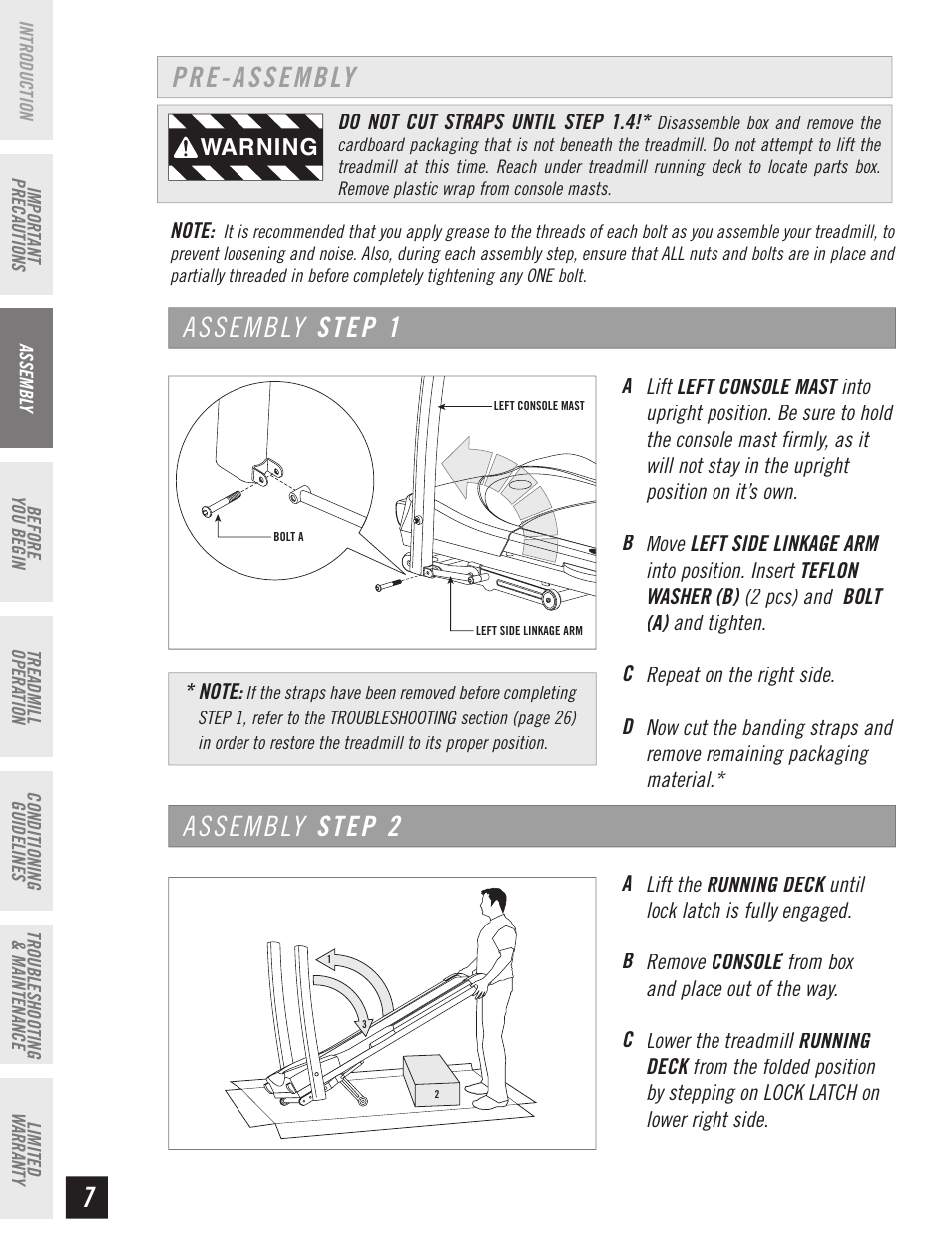 Assembly step 1 assembly step 2, Pre-assembly | Horizon Fitness T64 User Manual | Page 8 / 32