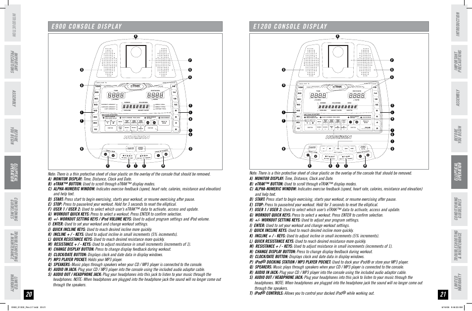 E900 console display, E1200 console display, Before you begin | Horizon Fitness E900 User Manual | Page 11 / 25