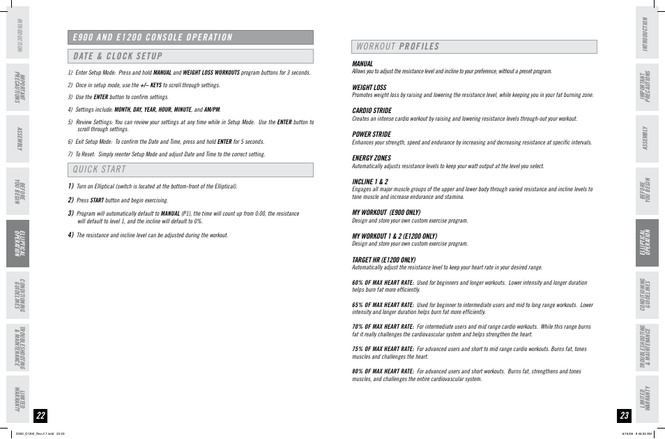 Quick start date & clock setup, Workout profiles | Horizon Fitness E900 User Manual | Page 12 / 25