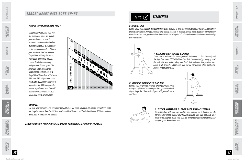 Stretching, Target heart rate zone chart | Horizon Fitness E900 User Manual | Page 19 / 25