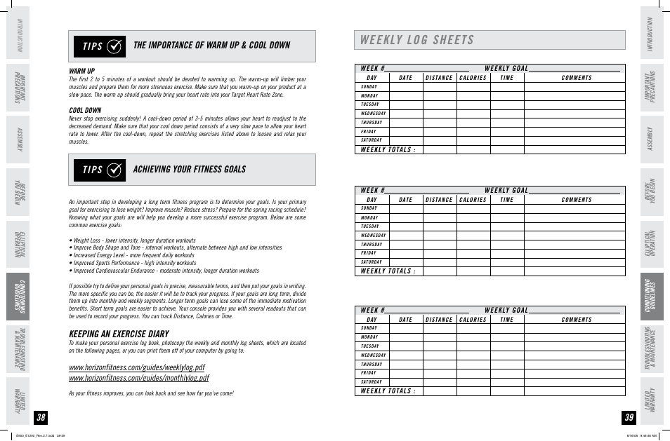 Weekly log sheets, Keeping an exercise diary | Horizon Fitness E900 User Manual | Page 20 / 25