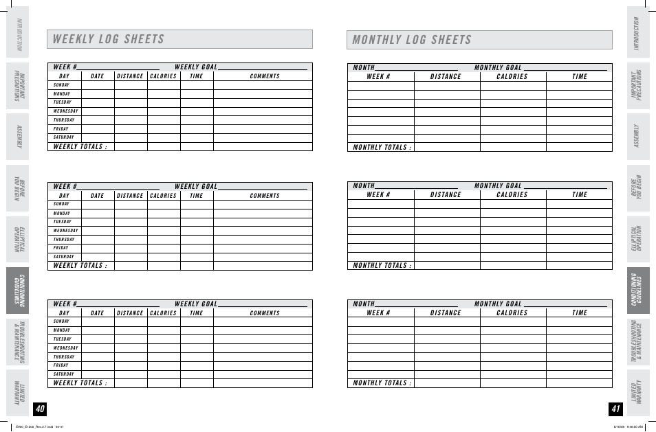 Monthly log sheets, Weekly log sheets | Horizon Fitness E900 User Manual | Page 21 / 25