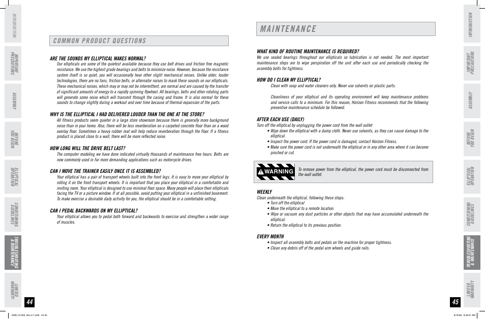 Maintenance, Common product questions, Warning | Horizon Fitness E900 User Manual | Page 23 / 25