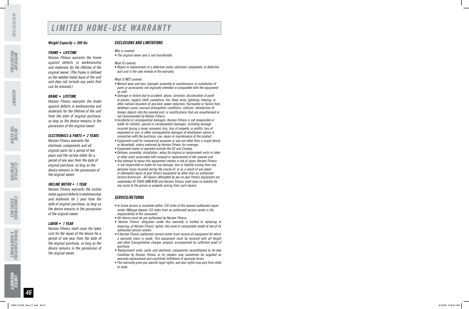 Limited home-use warranty | Horizon Fitness E900 User Manual | Page 24 / 25