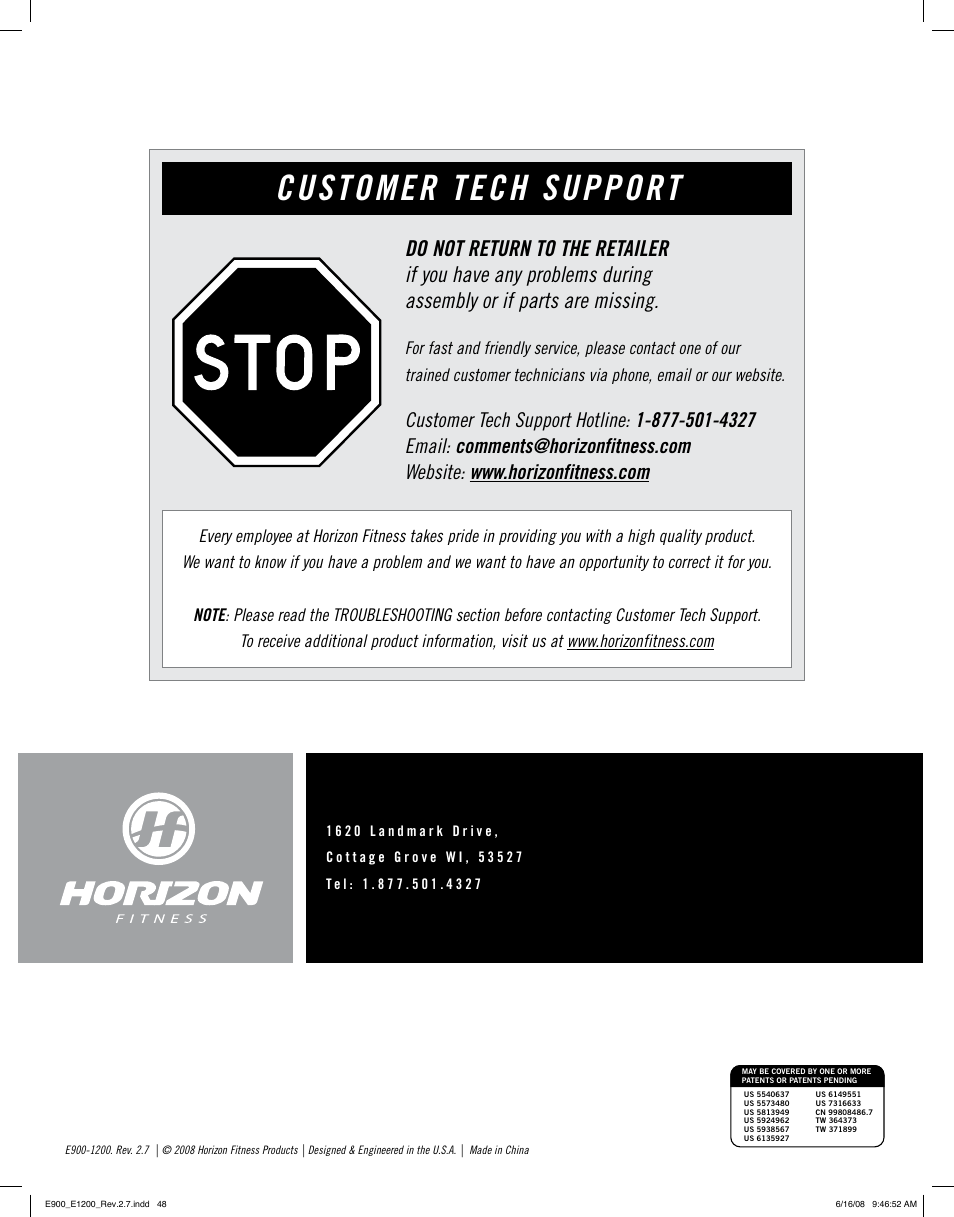 Customer tech support | Horizon Fitness E900 User Manual | Page 25 / 25