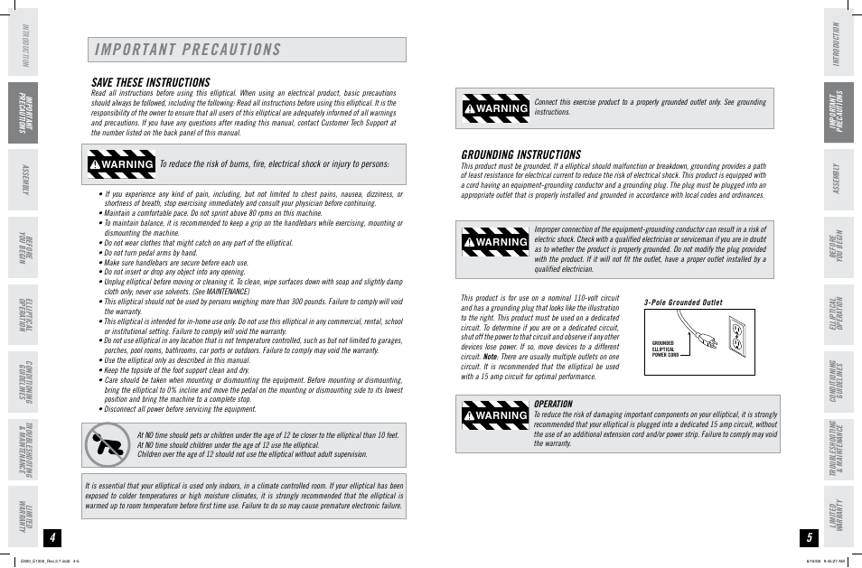 Important precautions, Save these instructions, Grounding instructions | Warning | Horizon Fitness E900 User Manual | Page 3 / 25