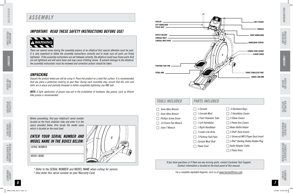 Assembly, Unpacking, Tools included parts included | Warning | Horizon Fitness E900 User Manual | Page 4 / 25