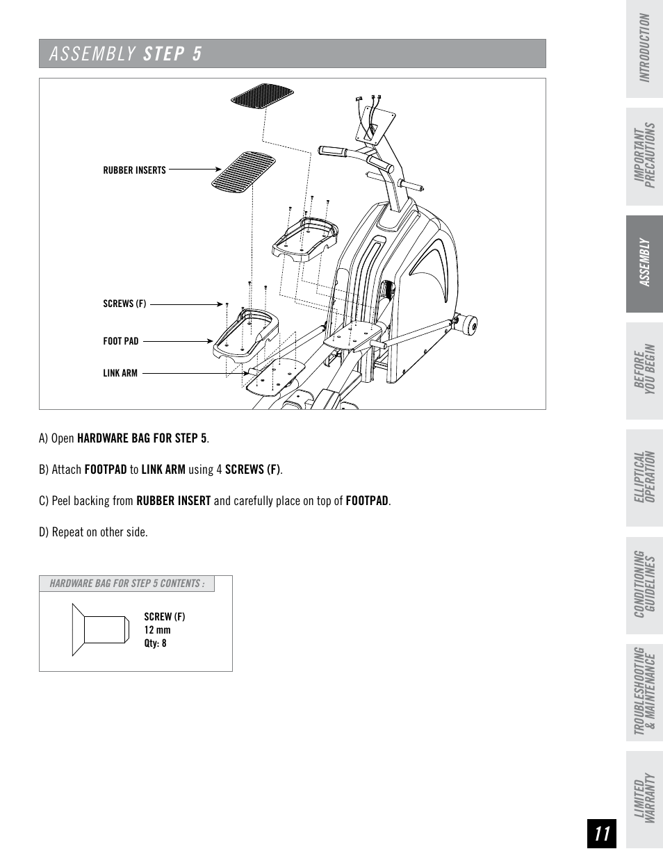 Assembly step | Horizon Fitness PSE7 User Manual | Page 11 / 40