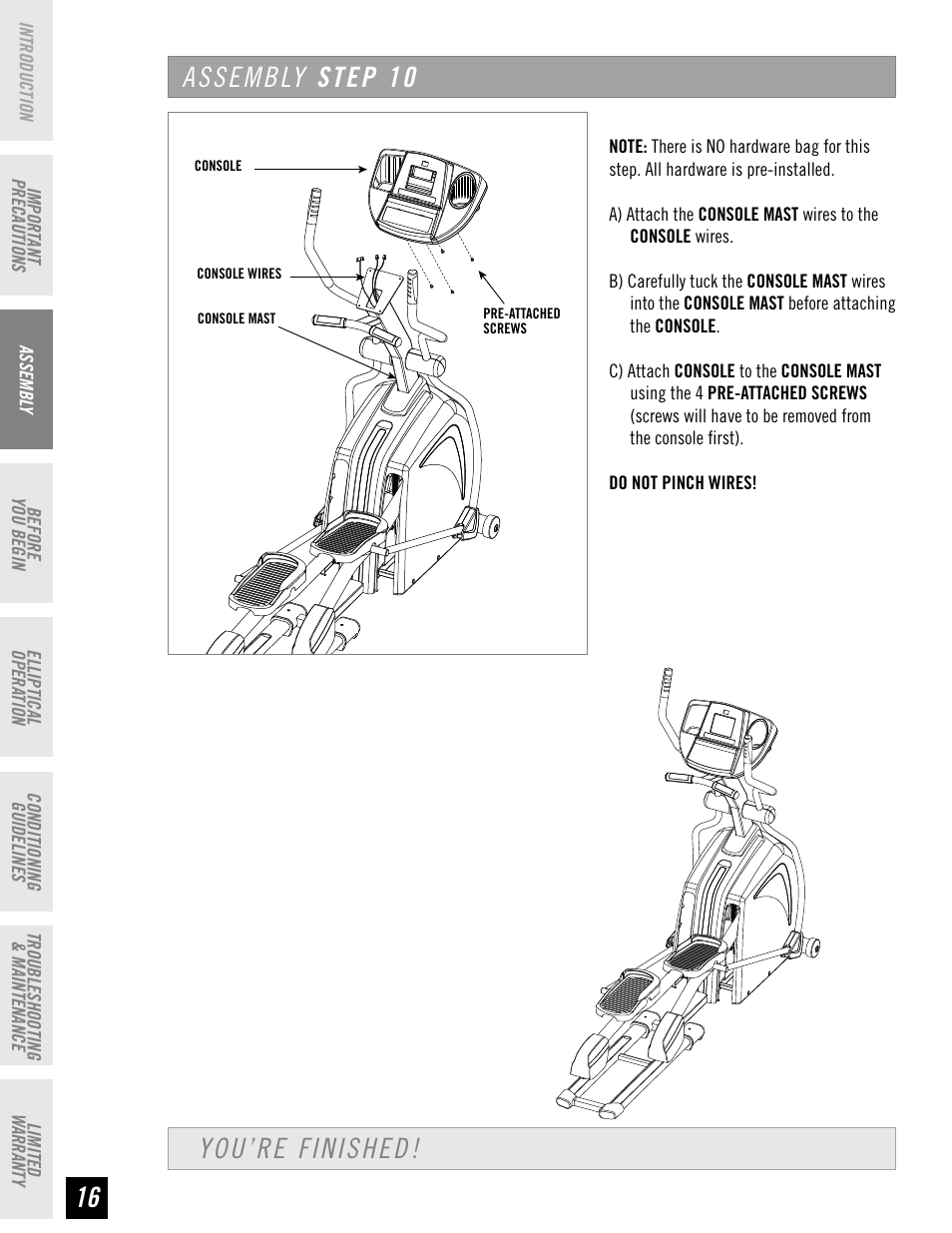 Assembly step 10, You’re finished | Horizon Fitness PSE7 User Manual | Page 16 / 40