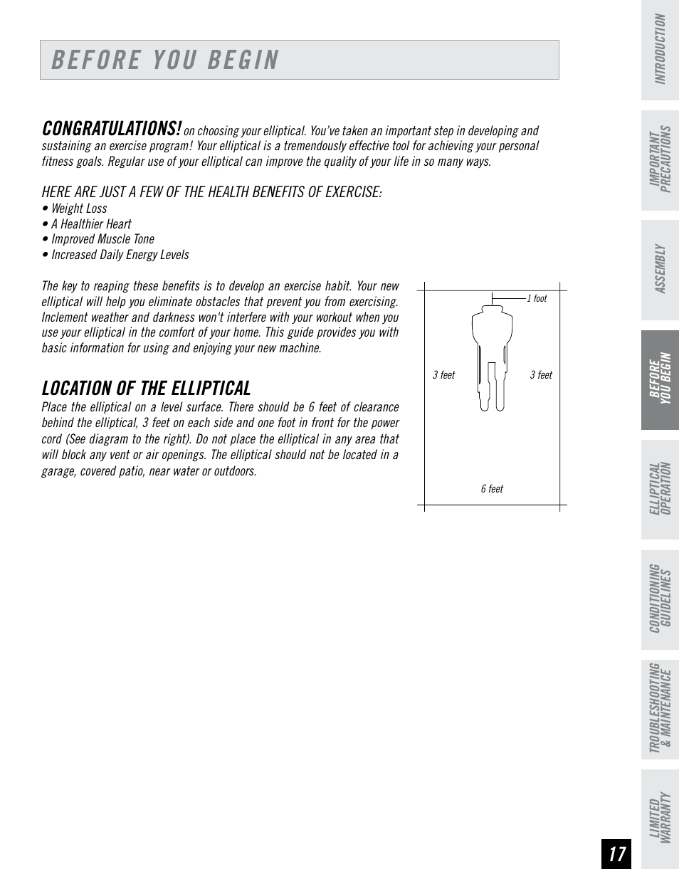 Before you begin, Location of the elliptical | Horizon Fitness PSE7 User Manual | Page 17 / 40