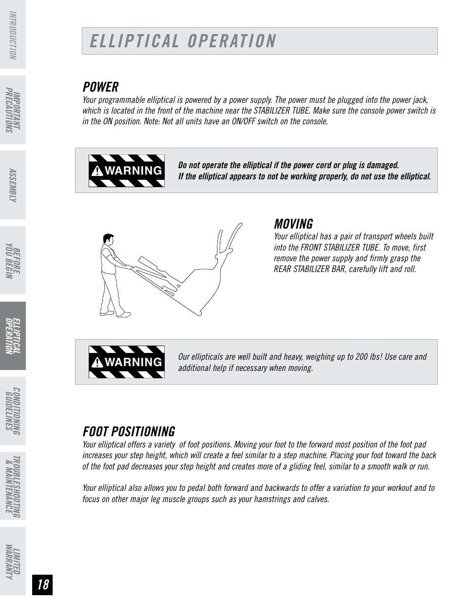 Elliptical operation, Power, Moving | Foot positioning, Warning | Horizon Fitness PSE7 User Manual | Page 18 / 40