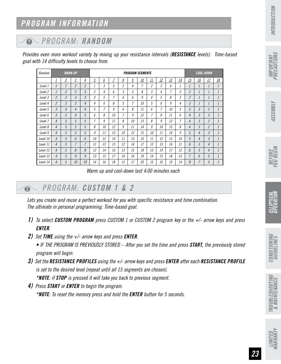 Program: random, Program: custom 1 & 2, Program information | Before you begin assembl y, Warm up and cool-down last 4:00 minutes each | Horizon Fitness PSE7 User Manual | Page 23 / 40