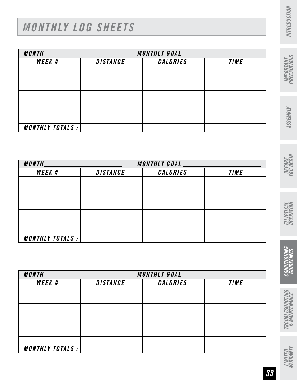 Monthly log sheets | Horizon Fitness PSE7 User Manual | Page 33 / 40