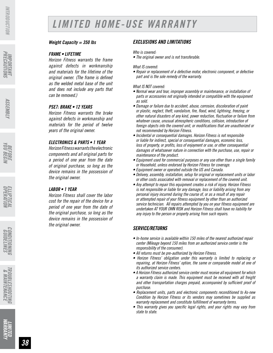 Limited home-use warranty | Horizon Fitness PSE7 User Manual | Page 38 / 40