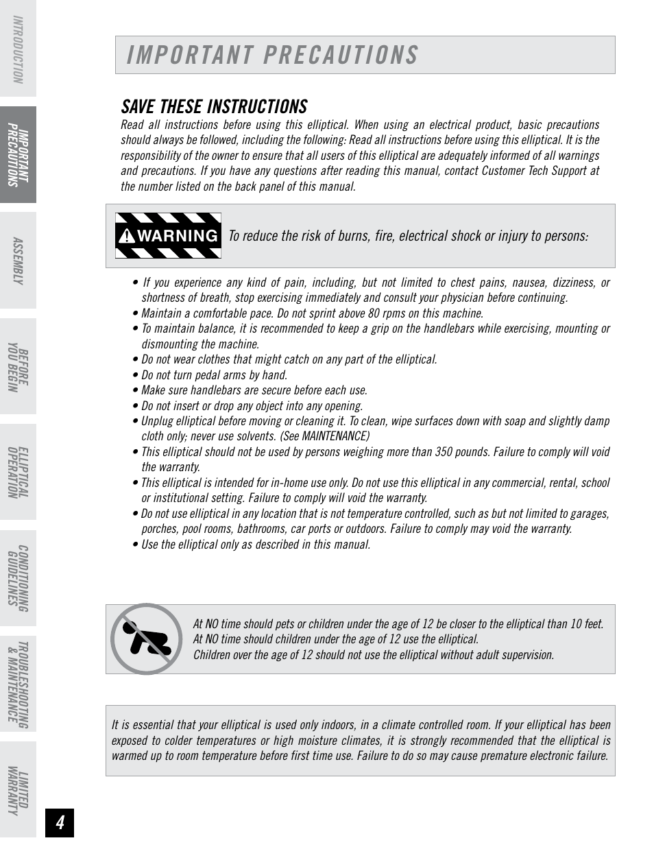 Important precautions, Save these instructions, Warning | Horizon Fitness PSE7 User Manual | Page 4 / 40