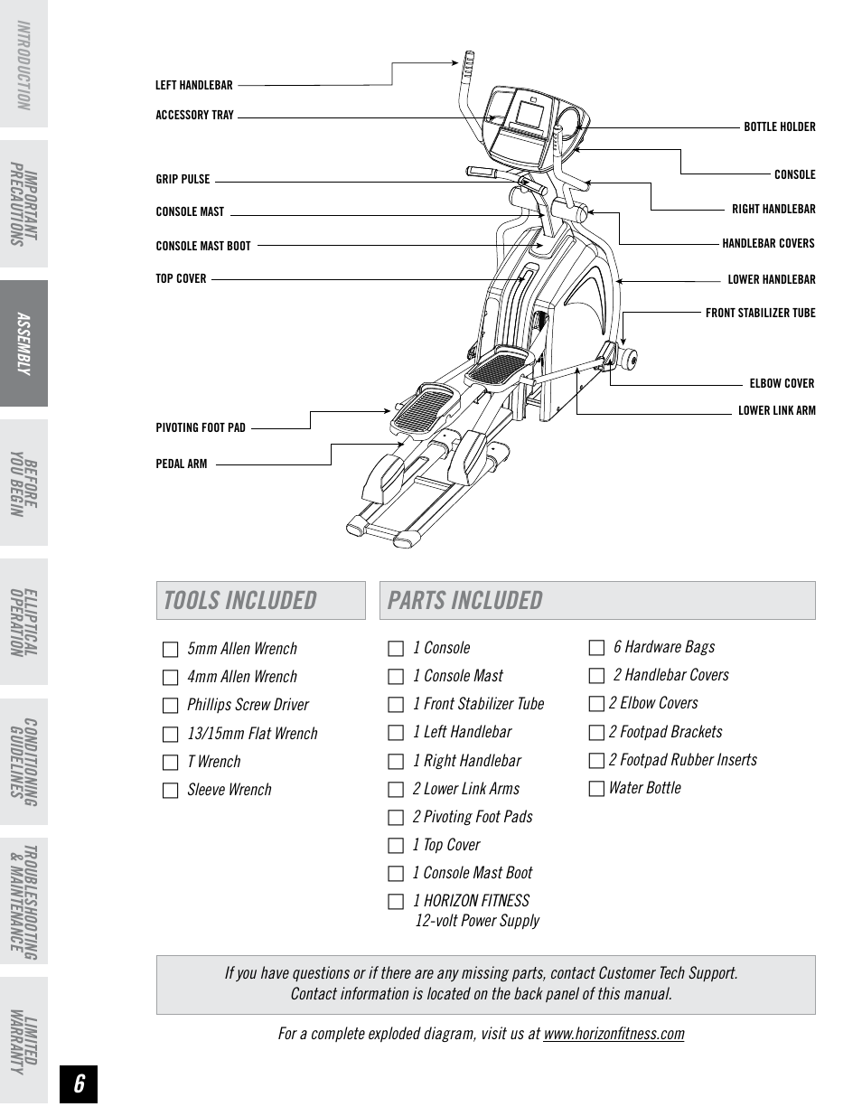 Tools included parts included | Horizon Fitness PSE7 User Manual | Page 6 / 40