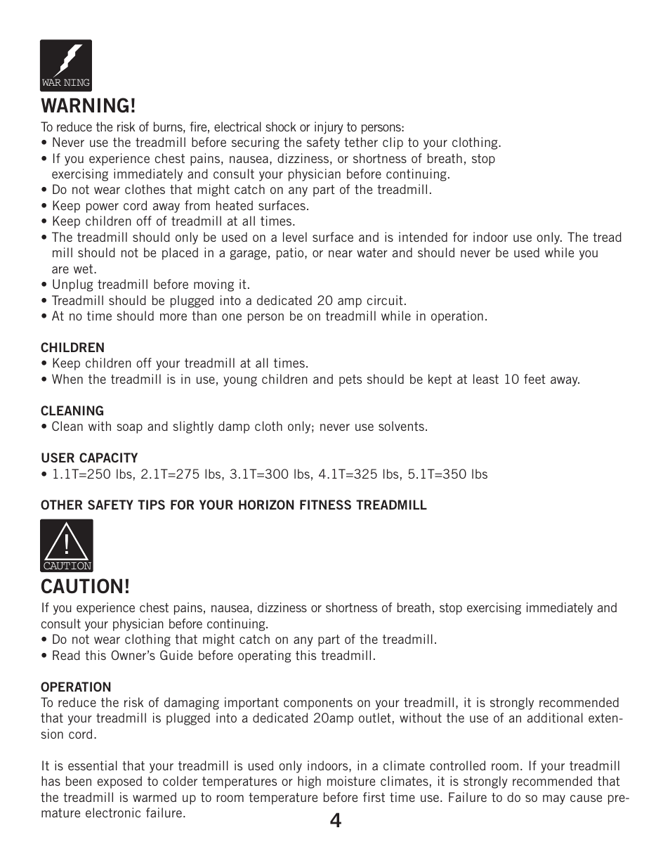 Tips, Warning, Caution | Horizon Fitness ELITE 2.1T User Manual | Page 4 / 40