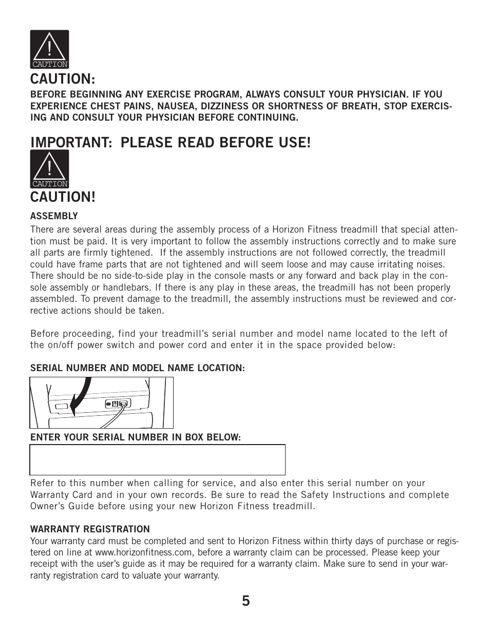 Tips, 5caution, Important: please read before use! caution | Horizon Fitness ELITE 2.1T User Manual | Page 5 / 40
