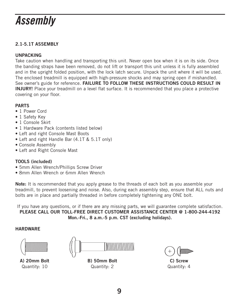 Assembly | Horizon Fitness ELITE 2.1T User Manual | Page 9 / 40