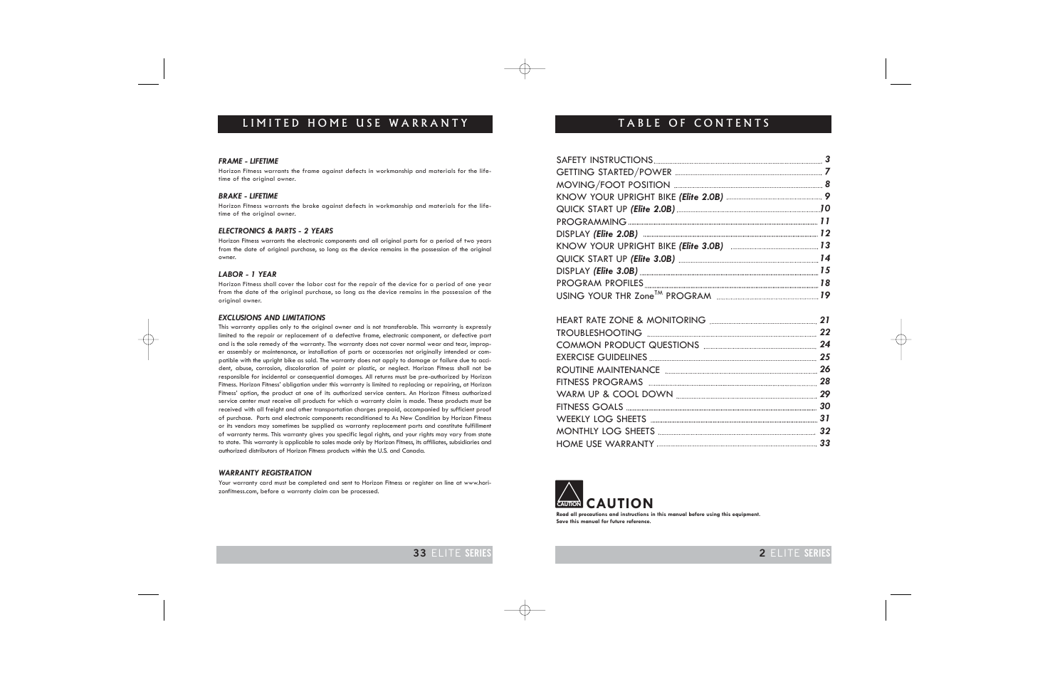 Caution | Horizon Fitness ELITE 2.0B User Manual | Page 33 / 34