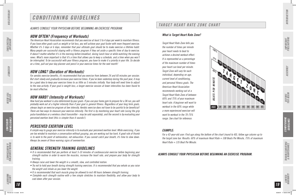 Conditioning guidelines, How often? (frequency of workouts), How long? (duration of workouts) | How hard? (intensity of workouts), Perceived exertion level, General strength training guidelines, Target heart rate zone chart | Horizon Fitness FS 50 User Manual | Page 10 / 15