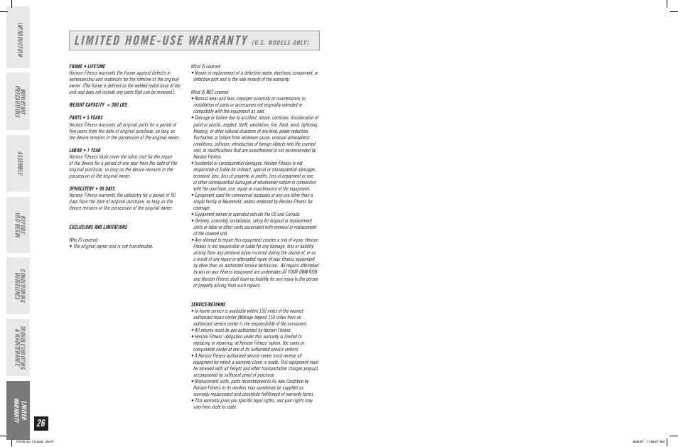 Limited home-use warranty | Horizon Fitness FS 50 User Manual | Page 14 / 15