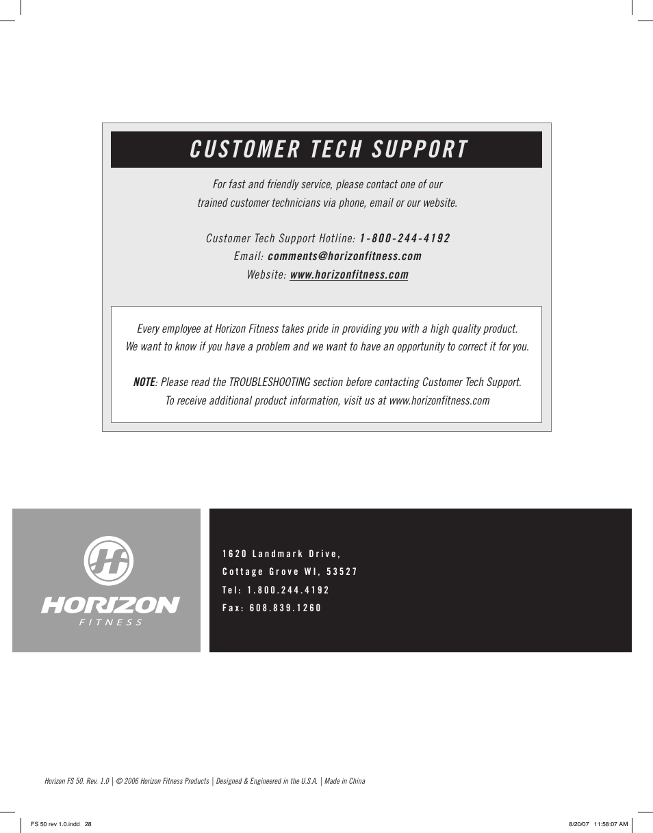 Customer tech support | Horizon Fitness FS 50 User Manual | Page 15 / 15