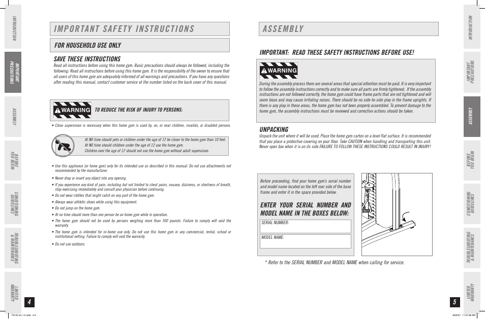 Important safety instructions, Assembly, Save these instructions | For household use only, Unpacking, Warning | Horizon Fitness FS 50 User Manual | Page 3 / 15