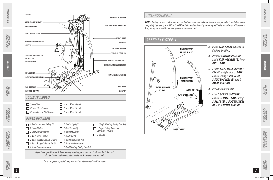 Tools included parts included, Pre-assembly assembly step 1 | Horizon Fitness FS 50 User Manual | Page 4 / 15